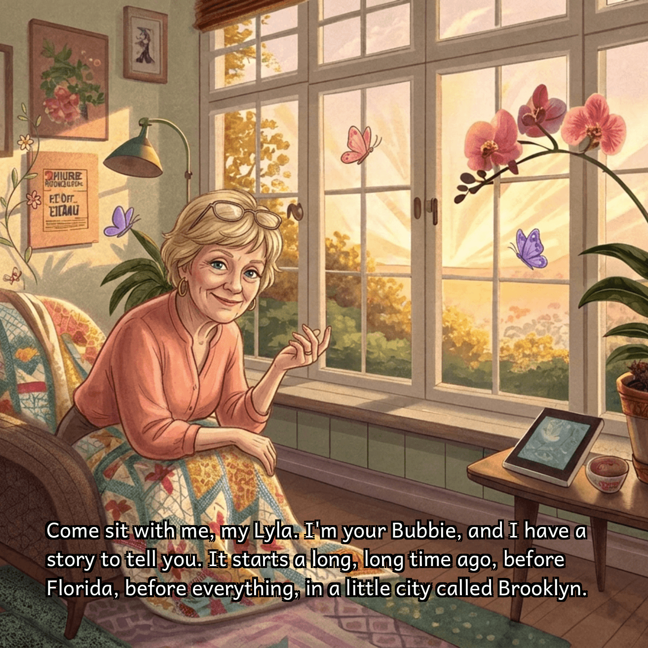 A storybook illustration of a smiling grandmother in an orange cardigan leaning on a sunlit windowsill, butterflies and orchids in the light