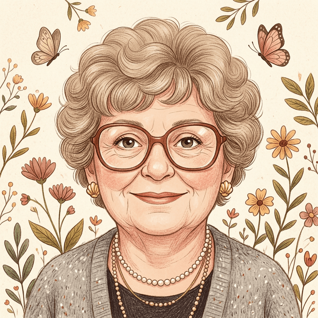 The same grandmother re-illustrated as a charming storybook character with butterflies and flowers